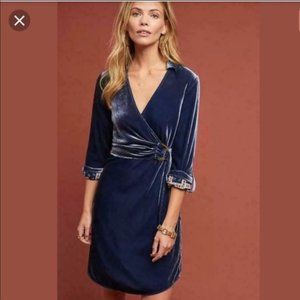 Maeve Anthro Navy  Blue Velvet Wrap Shirt Dress - Long Sleeve Boho Sz 6